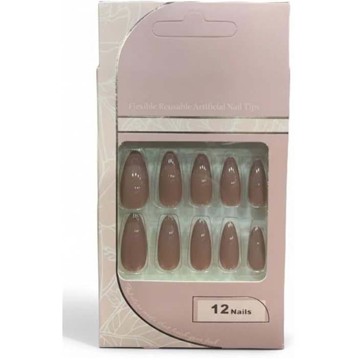 12 pc Press on Nails Medium Fake Nail Tips Nude Acrylic Nails Press ons Nail Almond Short Stiletto False Nail French Artificial with one sheet double face -07 - Image 1